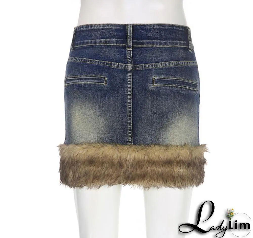 Fluffy Edge Wash Denim Retro Blue Stretch Skirt Female Style Bodycon Mini Skirt