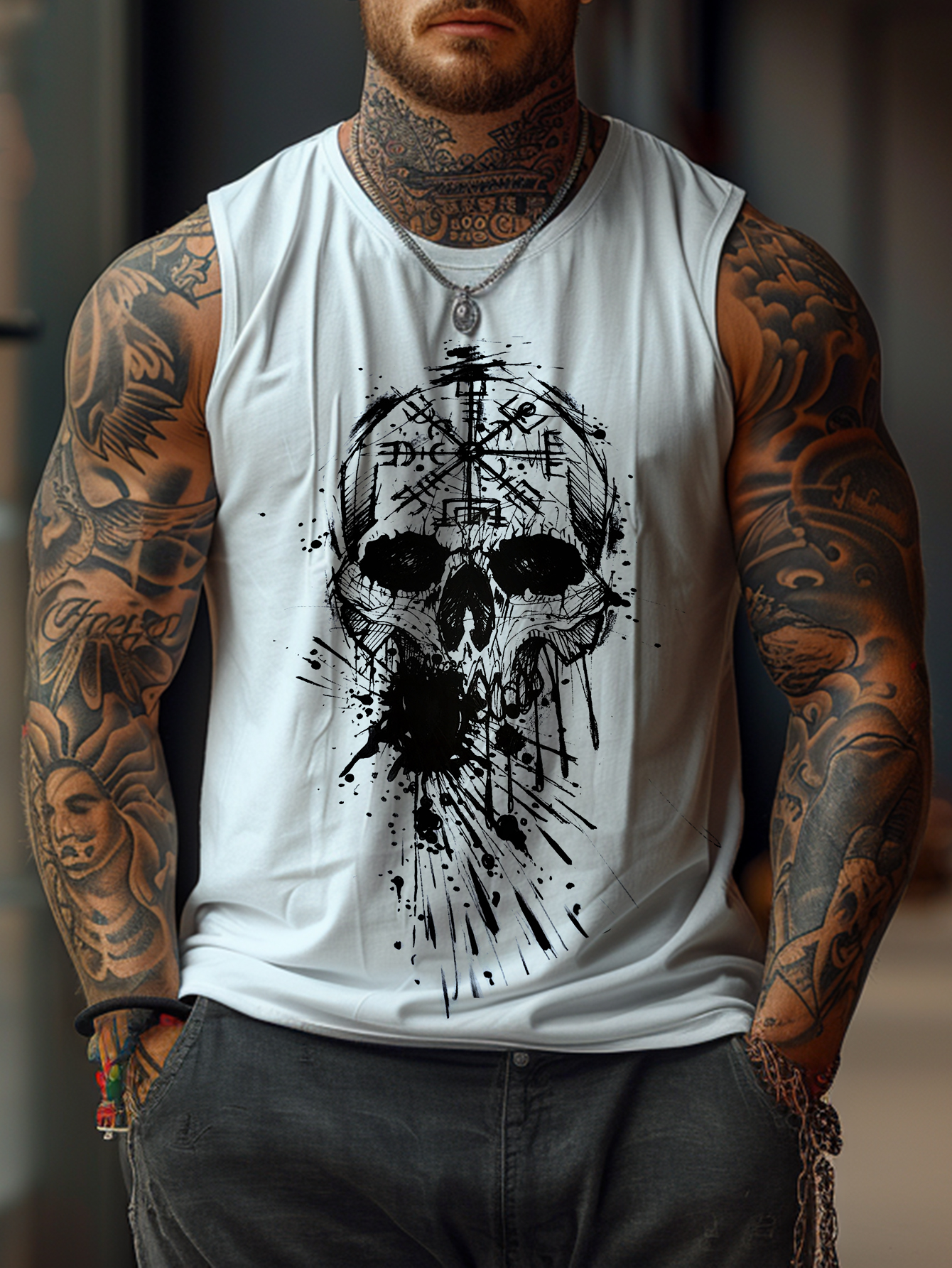 Viking Skull Print Casual Sleeveless Tee / TECHWEAR CLUB / Techwear
