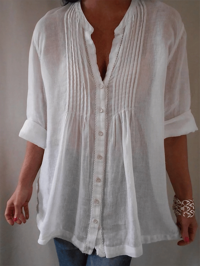 Women's Solid Color Round Neck Button Design Casual Cotton And Linen Shirt
