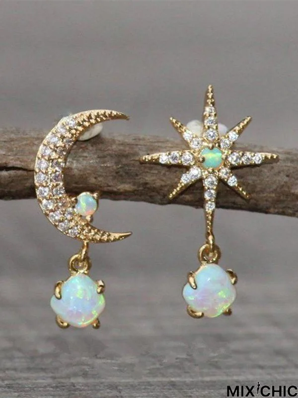 Vintage Diamond Star Moon Shaped Opal Moonstone Earrings Beach Vacation Wind Ethnic Jewelry