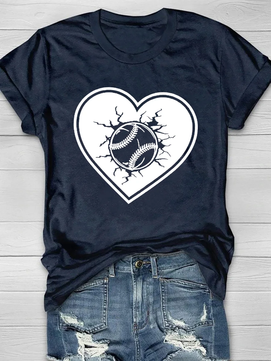 Softball And Baseball Heart Print Short Sleeve T-Shirt