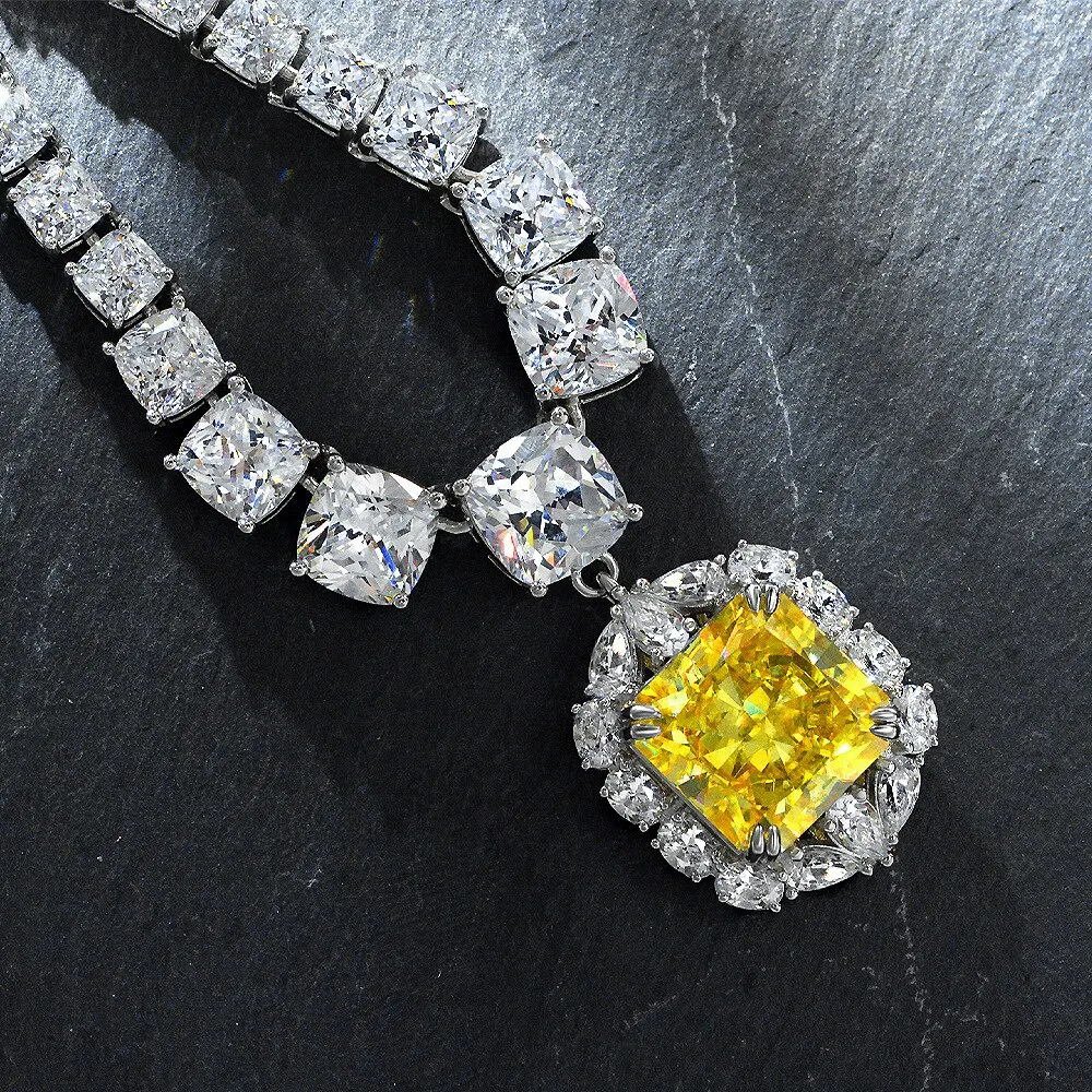 100% 925 Sterling Silver 13*13 MM Pincushion Created Moissanite Citrine Gemstone Pendant Necklace Fine Jewelry Gift