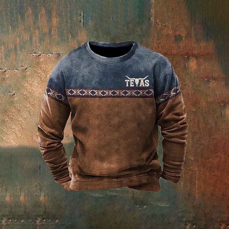 Men'S Western Retro Color Contrast Long Sleeves Sweatshirt