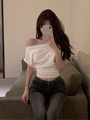 Ejiekang Y2k Aesthetic Irregular 2025 Summer Skew Collar T-shirts Off Shoulder Casual Slim Crop Tops Woemn Elegant Sexy Short Sleeve Tees