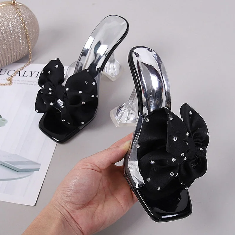 2022 New Fashion Crystal Bow High Heels Slippers Shoes Woman Sexy PVC Transparent Sandals Women Slides Open Toe Pumps Blue Black