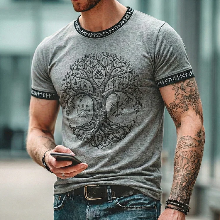 Men's Retro Viking Tree Of Life Print Crew Neck T-shirt