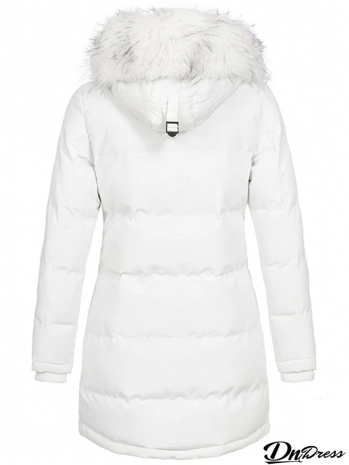 Trendy Slim Faux Fur Collar Hooded Solid Color Coat With Pockets
