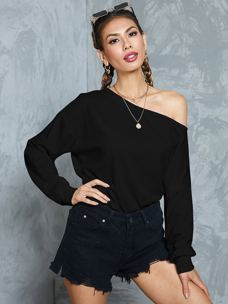 Solid One Shoulder Long Sleeve Casual Sweatshirt - Life is Beautiful for You - SheChoic