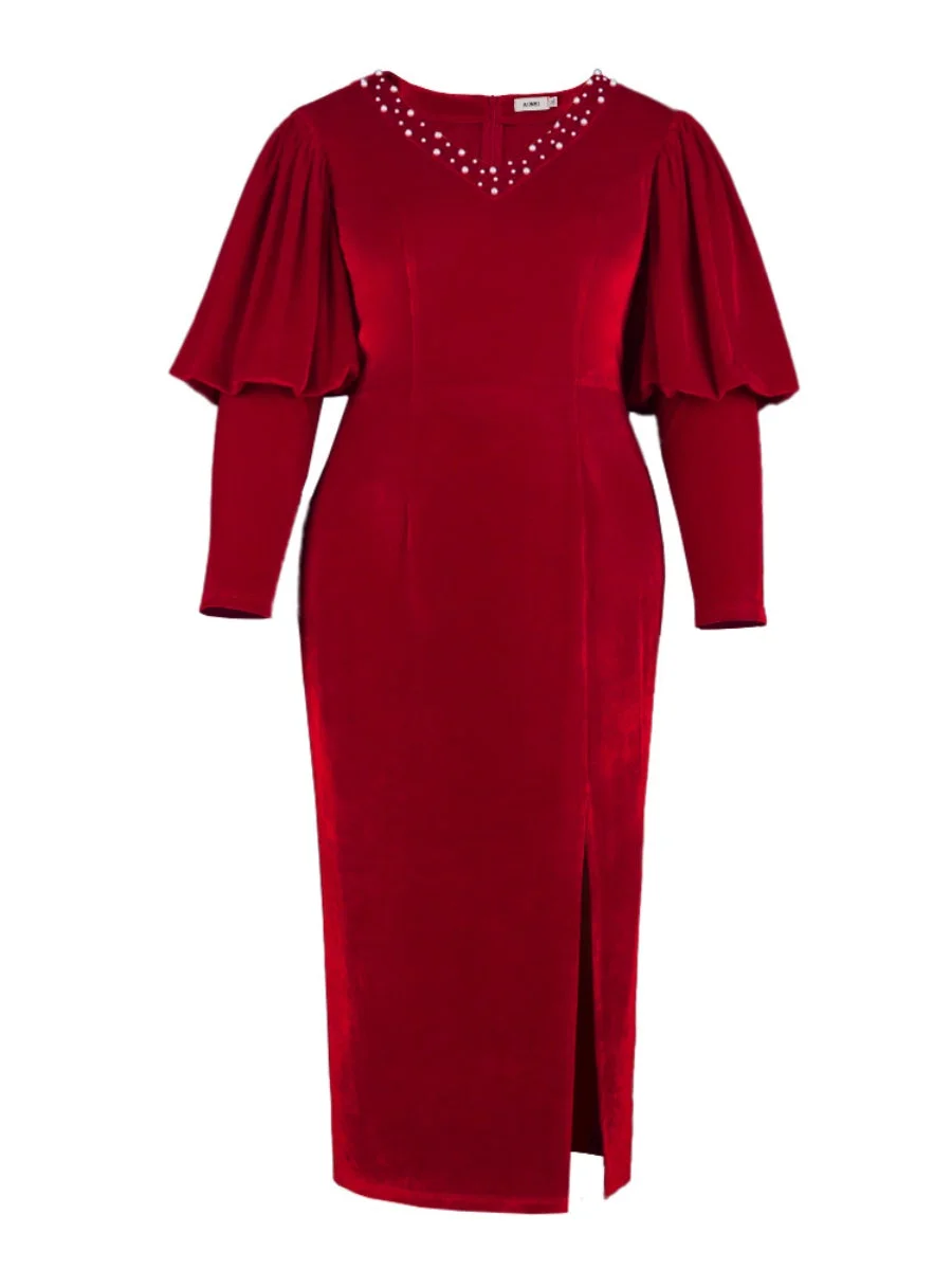 Red Dresses V-neck Lantern Sleeve Beaded High Waist Split Party Dress