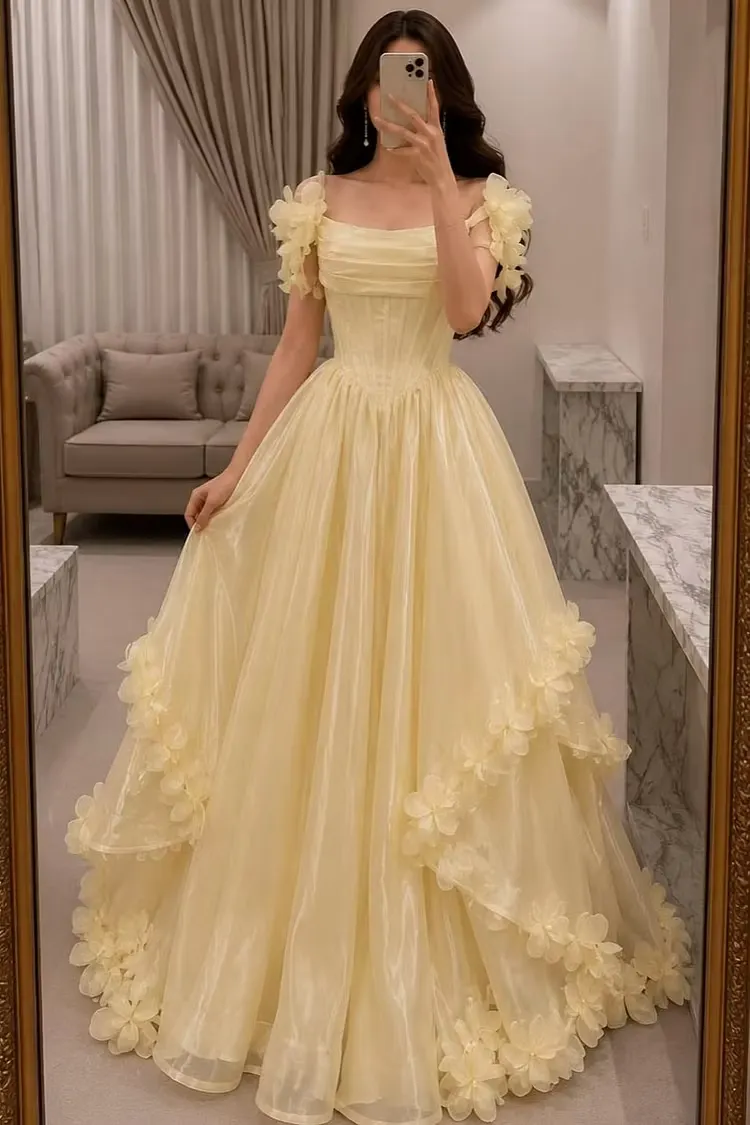 Miabel Charming Daffodil A-Line Sleeveless Flowers Long Prom Dress With Pleated