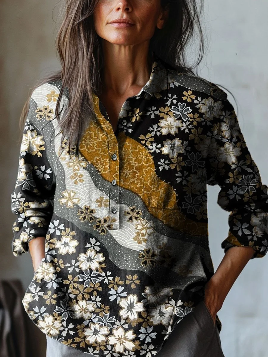 Women's Vintage Flower Art Print Casual Cotton And Linen Shirt