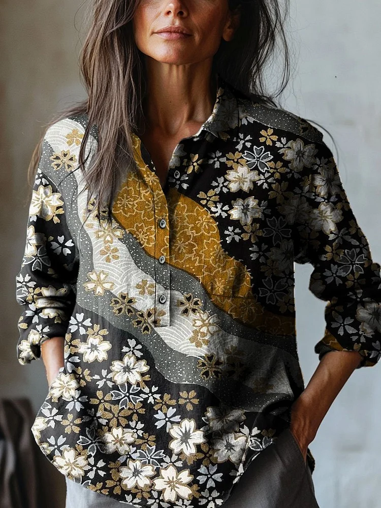 Women's Vintage Flower Art Print Casual Cotton And Linen Shirt