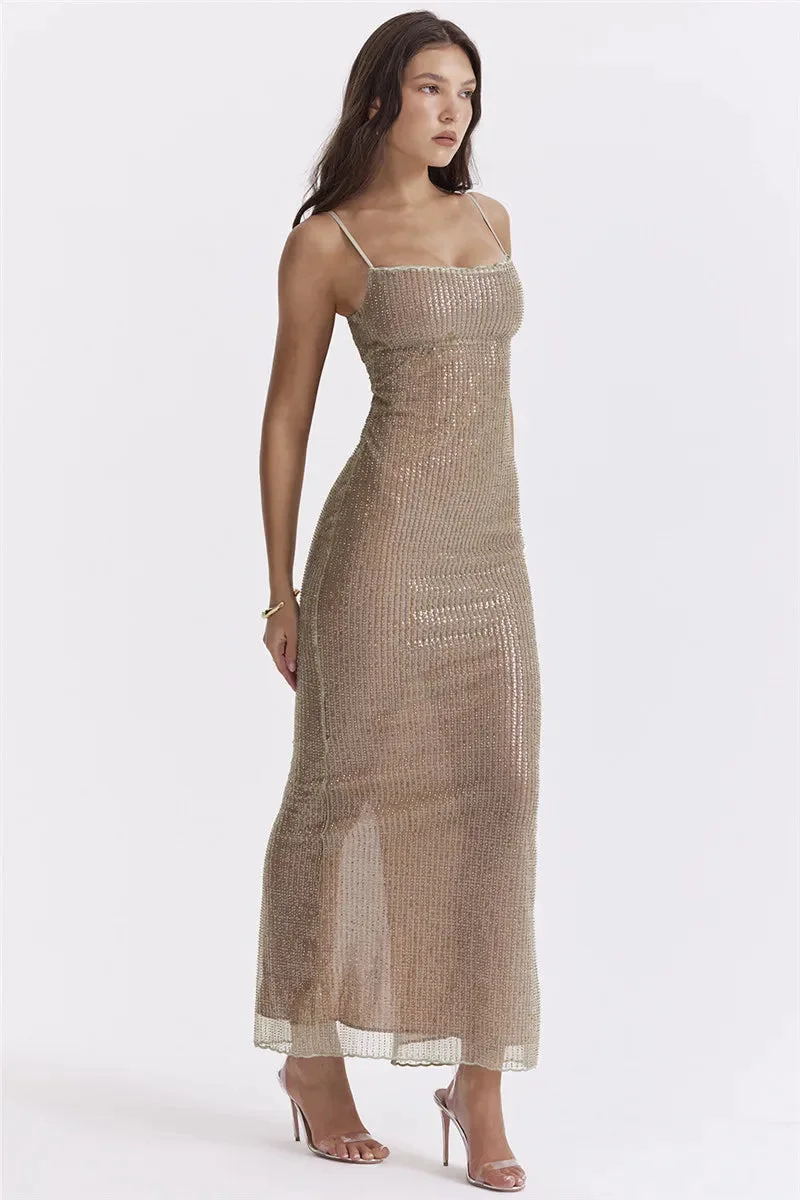 Brownm Sequined Fit Maxi Dress