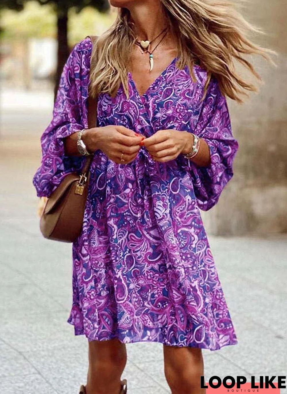 Summer Mid-waist Pullover Midi Sleeve Printed Dresses