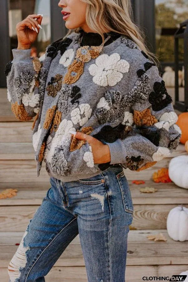 Foliage Falling Sherpa Flower Pattern Pocketed Cozy Jacket