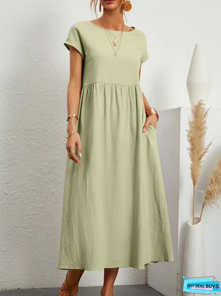 Sleeve Round Neck Cotton Linen Dress Dresses