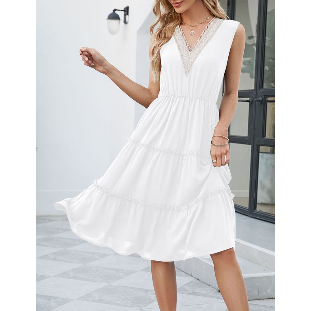 White Lace V Neck Tiered Sleeveless Casual Dress