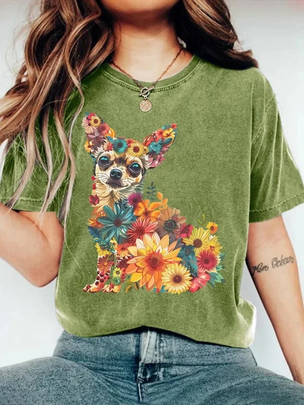 Women's Cute Flower Dog Print T-shirt