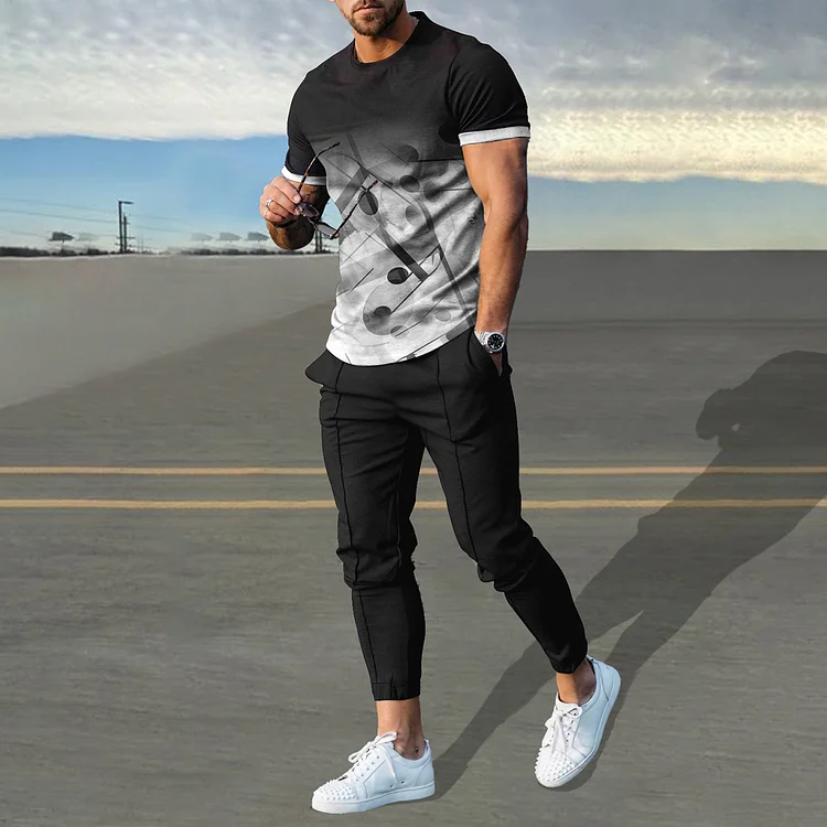 BrosWear Black And White Music Gradient T-Shirt And Pants Co-Ord