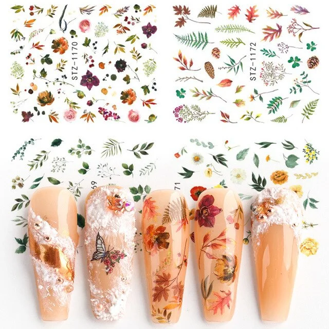 Nail Stickers Water Transfer Flowers Leaves Pine Cones Designs 4Pcs/Set Nail Decal Decoration Tips For Beauty Salons