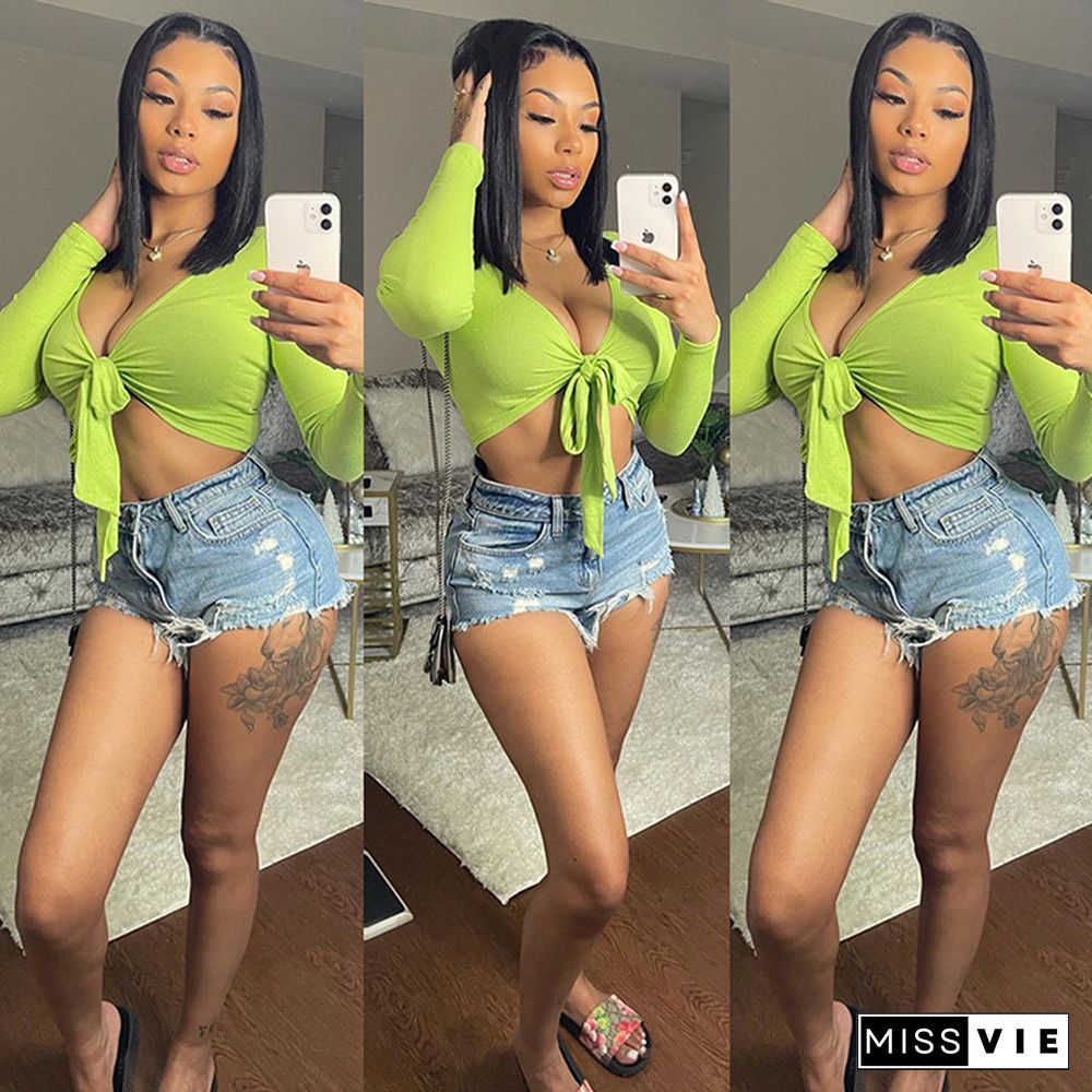 Summer New Arrivals Women Knitted Deep V-Neck Long Sleeve Sexy Solid Color Lace-Up Skinny Crop Tops