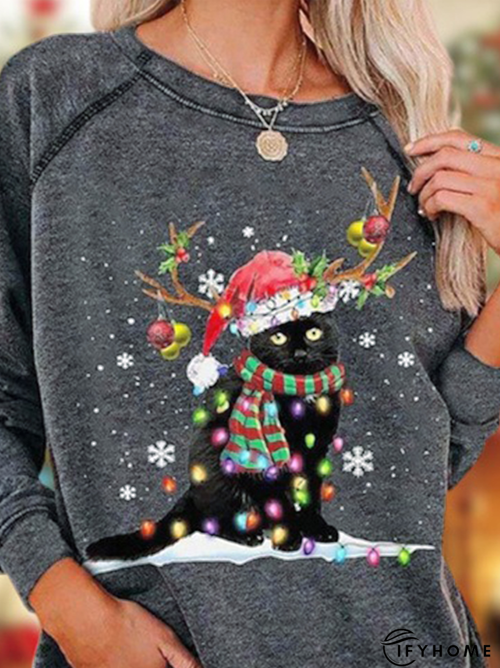 Christmas Cat Snowflake Long Sleeve Crew Neck Casual Tunic Sweatshirt | IFYHOME