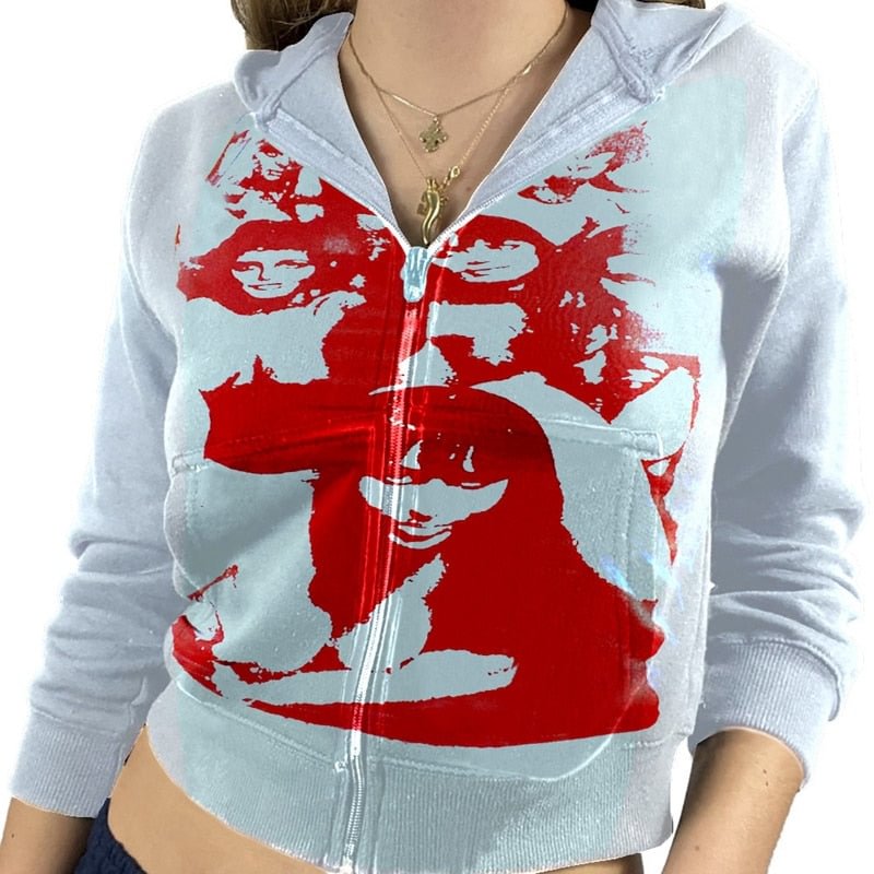 Y2K Aesthetic Women Hoodies with Pockets 90s Vintage Graphic Printed Zipper Closure Coat Top E-girl Sweatshirts Spring Autumn
