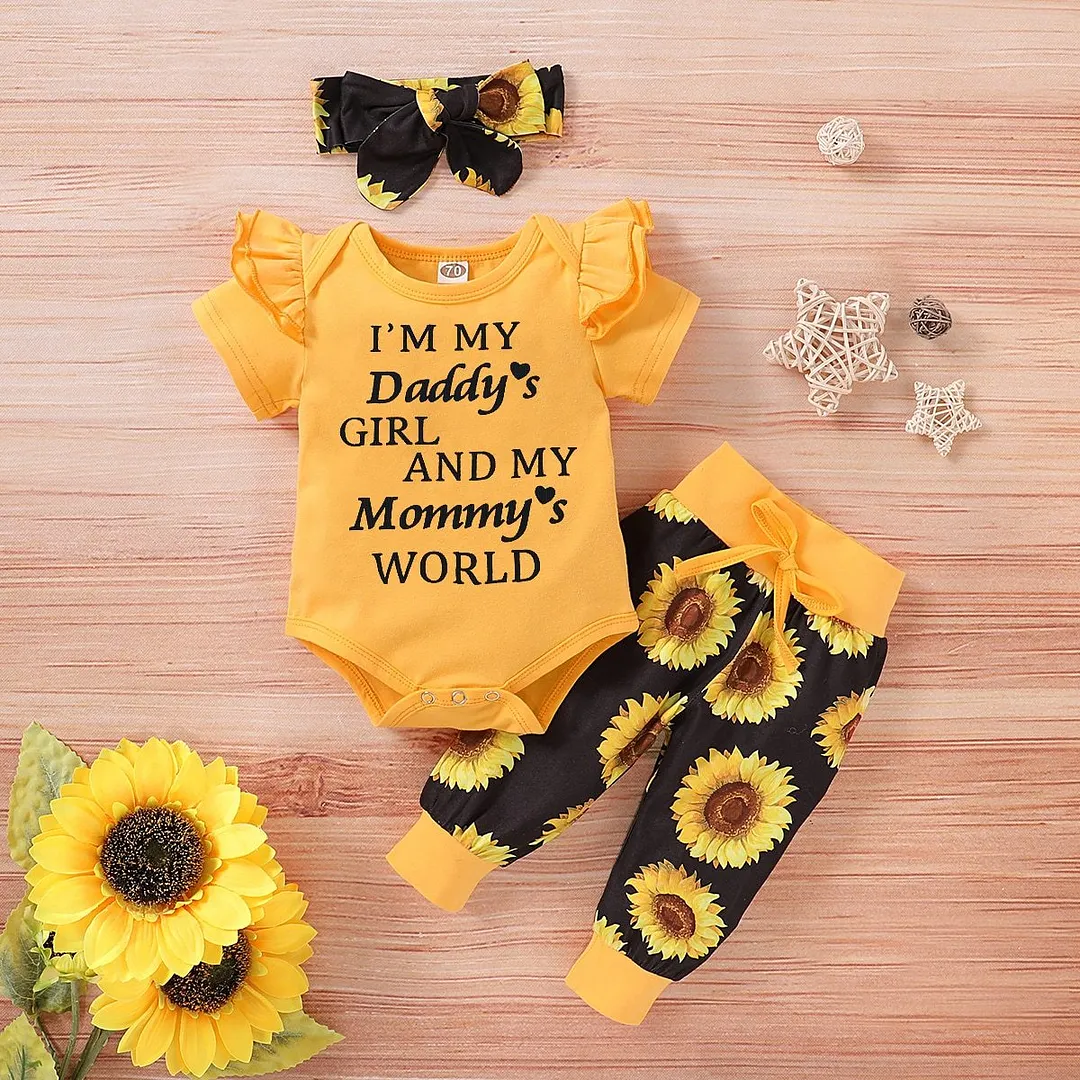3Pcs Toddler Infant Baby Girls Clothes Ruffle Romper Sunflower Pants Headband Outfit Summer Set