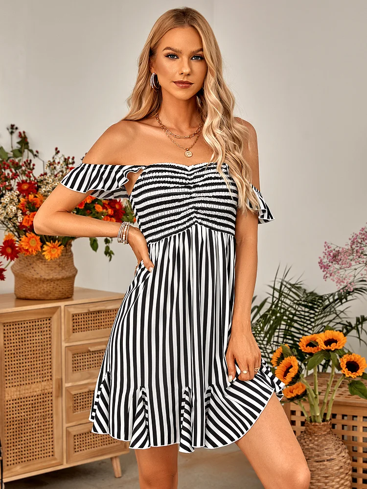 Casual Striped Off-the-Shoulder Mini Dress - yankia