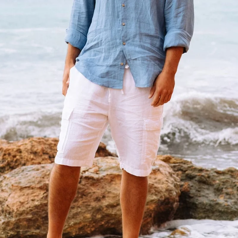 Mens Beach Loose Drawstring Linen Casual Shorts