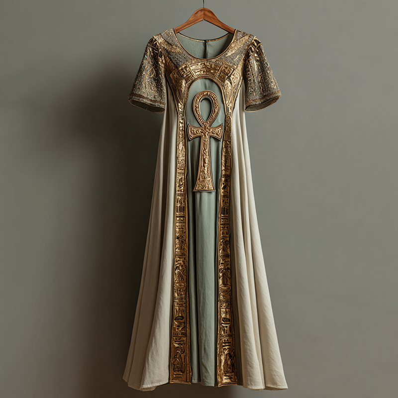Women's Vintage Egyptian Ankh Symbol Pattern Casual Short Sleeve Long Dress