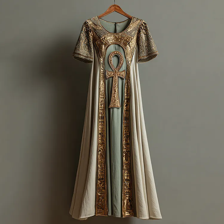 Women's Vintage Egyptian Ankh Symbol Pattern Casual Short Sleeve Long Dress