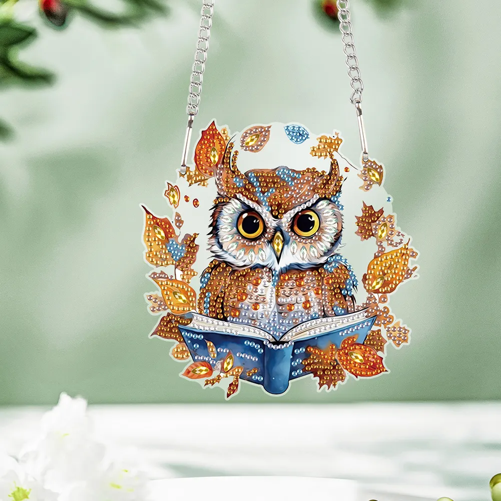 DIY Autumn Owl Special Shape Diamond Painting Hanging Pendant