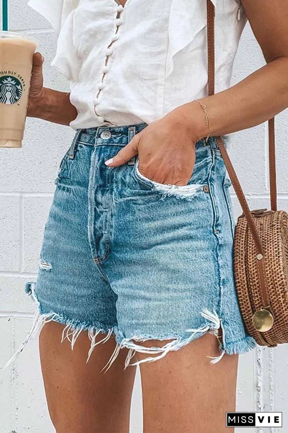 Summer Loose Button Ripped Fringed Denim Shorts