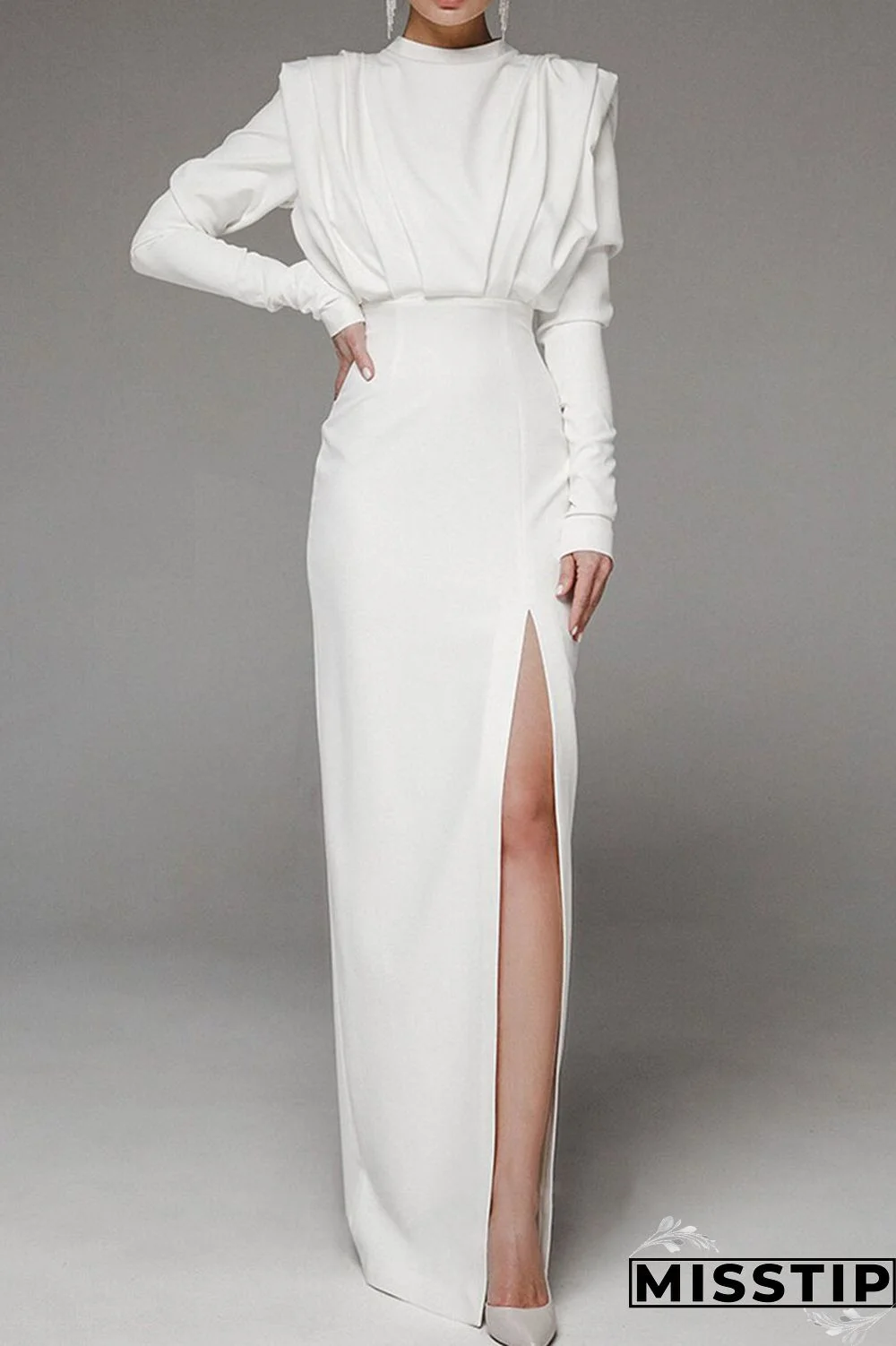 Black Elegant Solid Patchwork Backless Slit Fold O Neck Straight Dresses