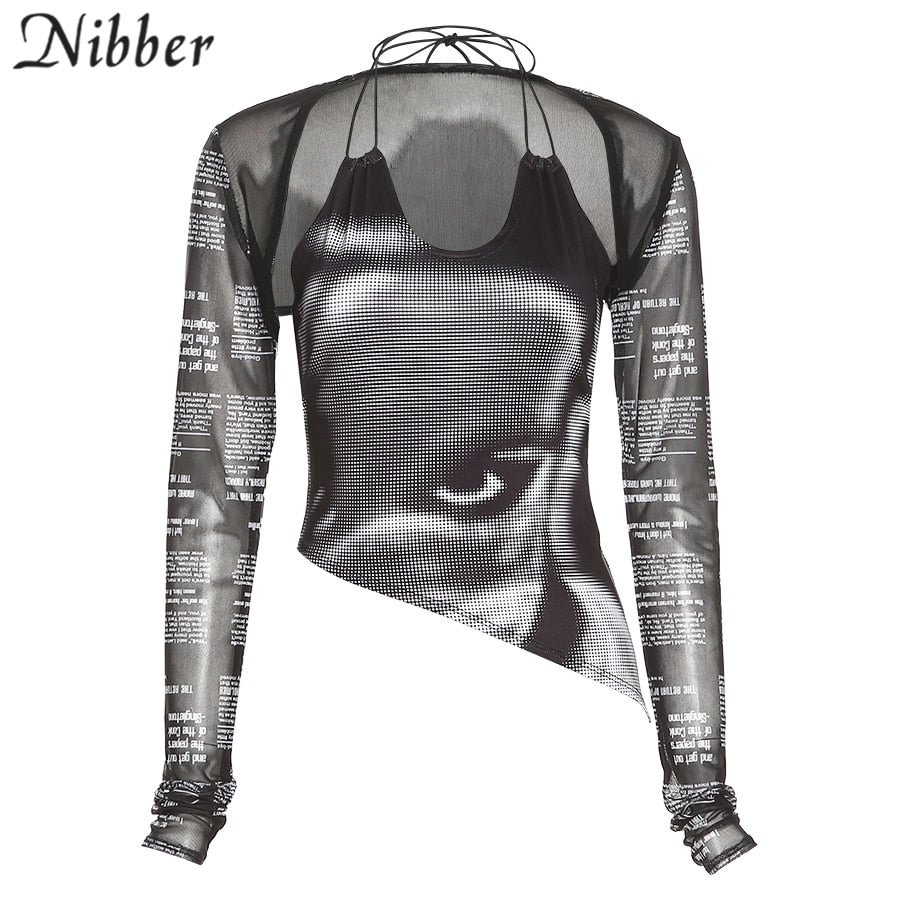 Nibber Two-Piece Fashion Letter Art Portrait Printing Camisole + Short Long-Sleeved T-Shirt For Women Street Style Out Commute