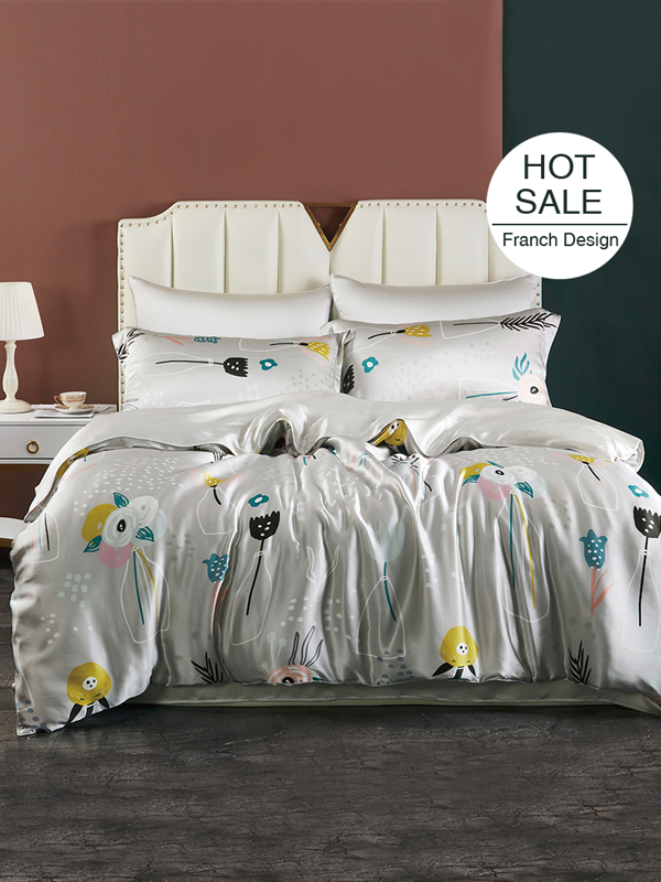 Printed Gray Silk Duvet Cover Set 4pcs