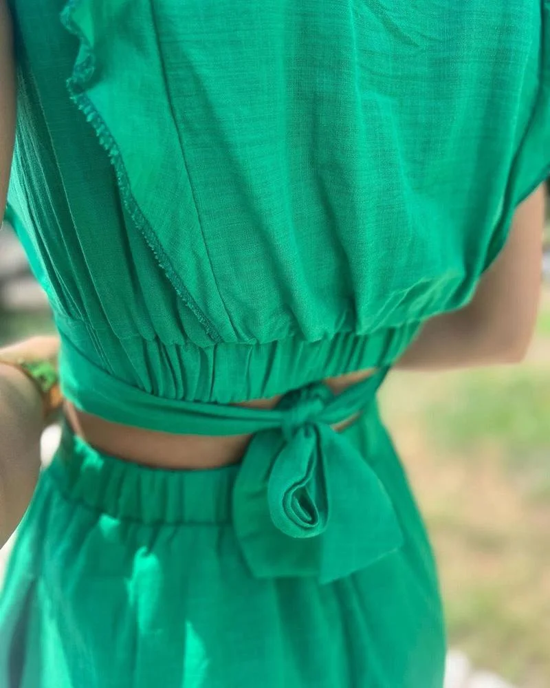 Butterfly Sleeve Solid Color Two Piece Set