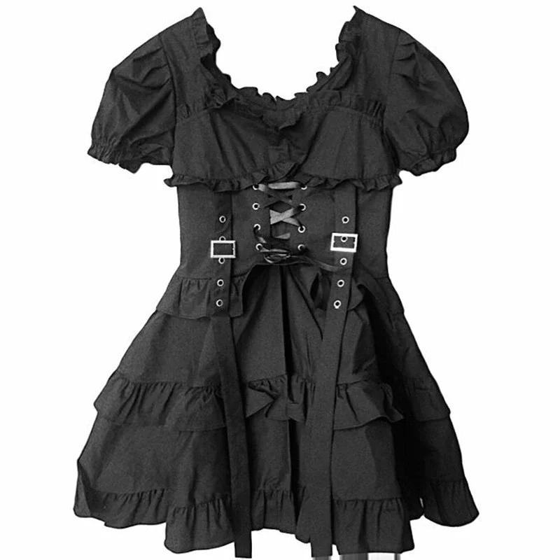 Jangj Harajuku Women Ruffle Dress Emo Drak Short Sleeve Sundress Lace-up Ruched Black Fairy Mini Dresses Gothic Female Alt Dresses