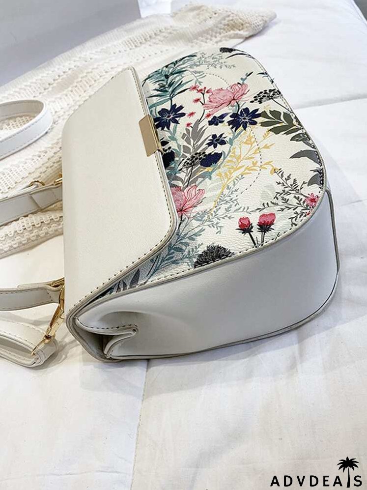 Floral Metal Decor Flap Satchel Bag