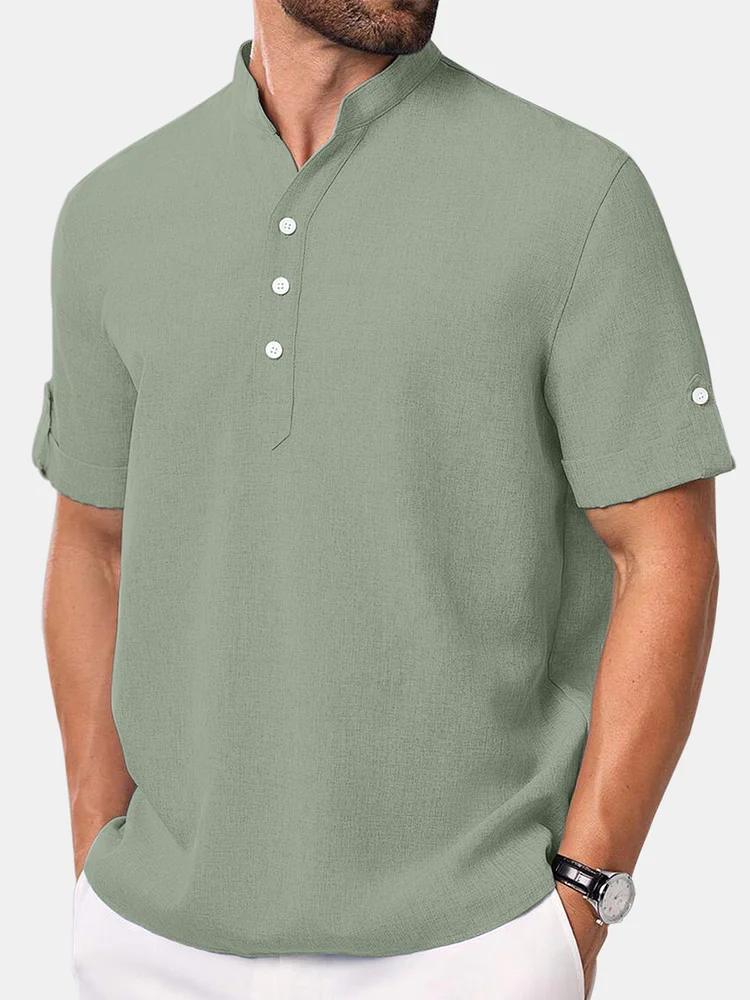 Men's Summer Solid Color Cotton And Linen Comfortable Daily Stand Collar Short-sleeved Shirt