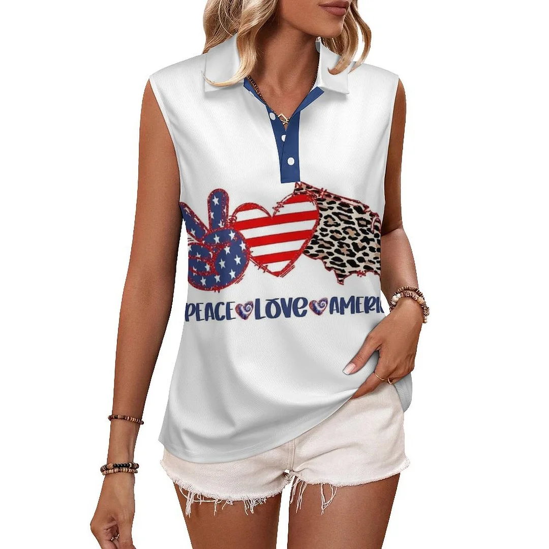 V-neck Sleeveless Casual POLO Shirt Tank Top for Women Printed with Pattern USA, Independence Day, Star, Striped, Blue, Red