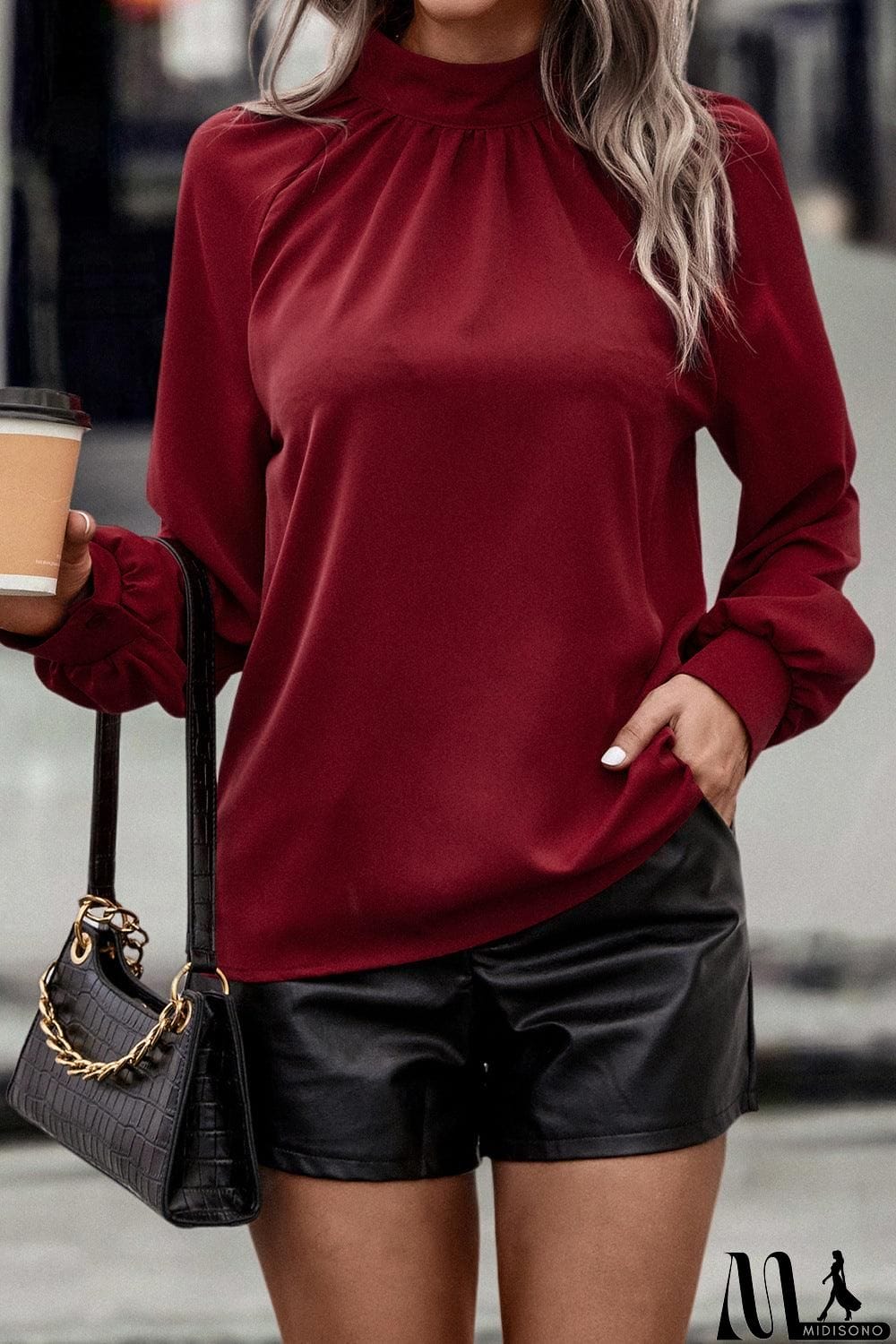 MidiSono - Cutout Gathered Detail Mock Neck Top