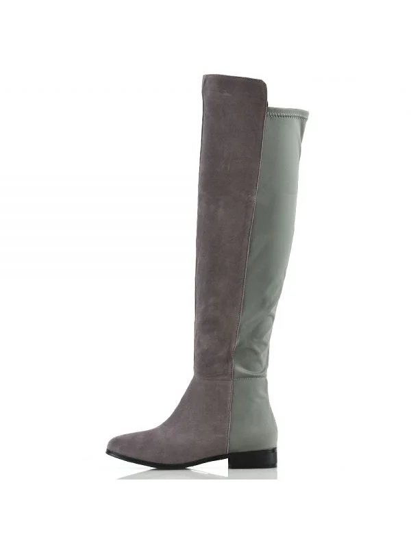 Grey and Green Contrast long Boots Round Toe Flat Knee-high Boots |FSJ Shoes
