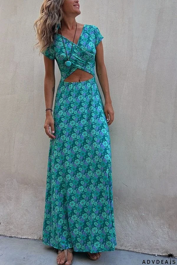 Coastal Kisses Floral Hollow Reversible Two Ways Stretch Maxi Dress