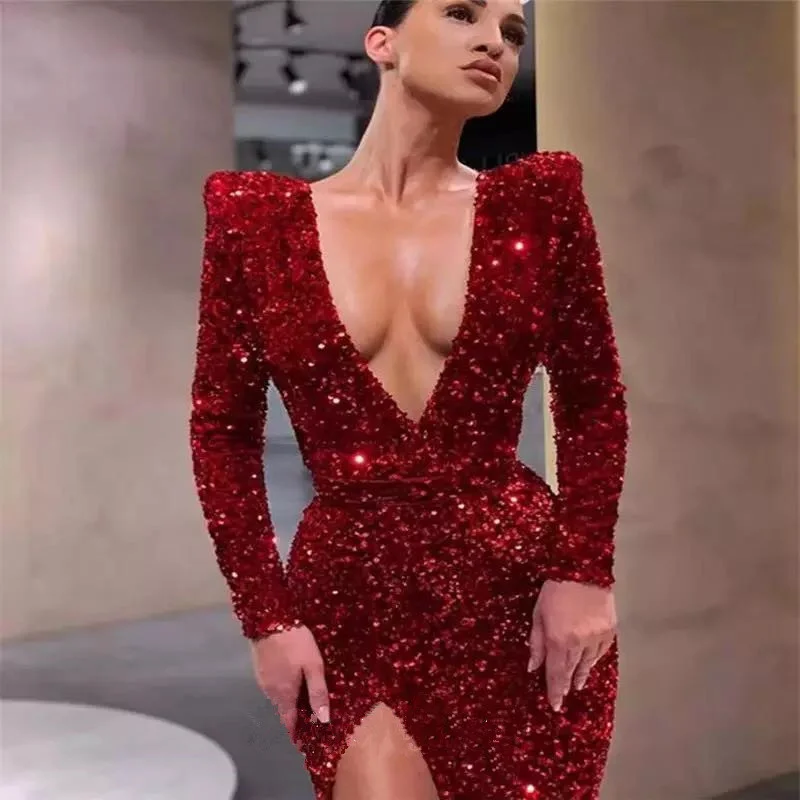 Brownm Brownm Women's Sexy One-Shoulder Long-Sleeved Embroidered Dress Open Fork Long Dress INS Spring