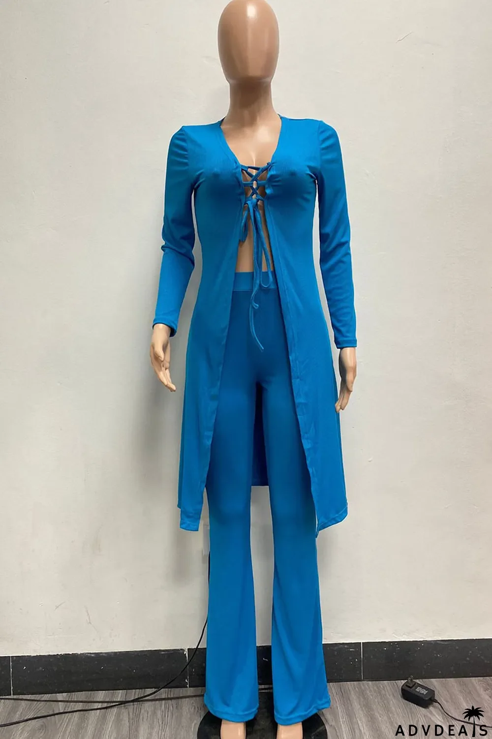 Black Sexy Solid Bandage Patchwork V Neck Long Sleeve Two Pieces