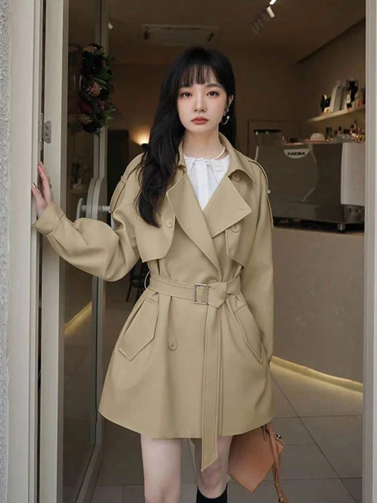 Oocharger Chic Korean Belt Women Trench Fall Fashion Loose Double Breasted Jacket Elegant Long Sleeve Pocket Female Casual Outwear