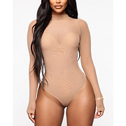 Buyerint Bodysuits High Neck Bodycon Jumpsuit See Through Romper Black Beige NEW Sexy Mesh See Through Bodysuit Women Long Sleeve Sheer