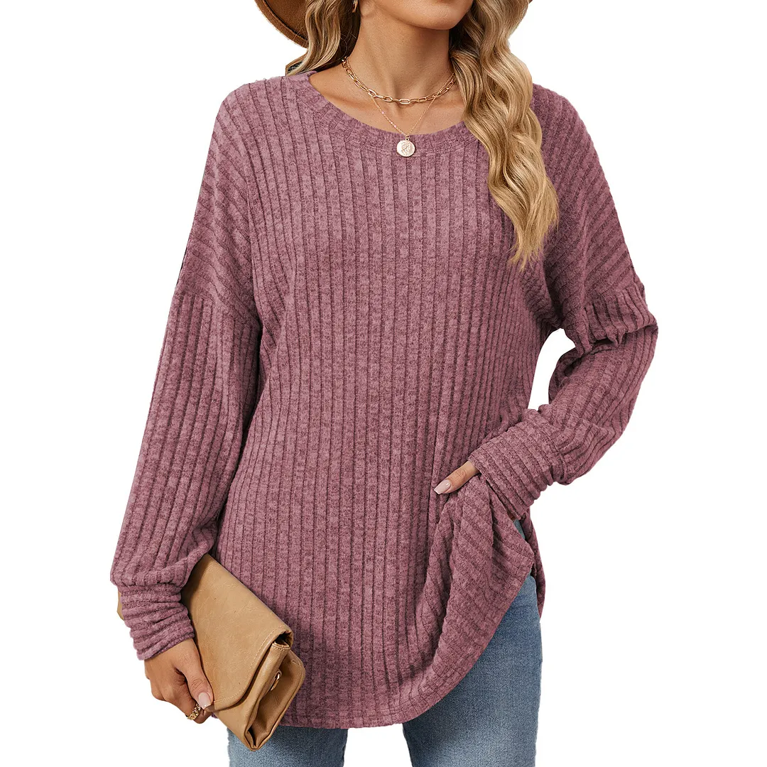 Churchf Churchf / Winter 2024 New Round Collar Pit Strip Solid Color Casual Long-Sleeved T-Shirt Top